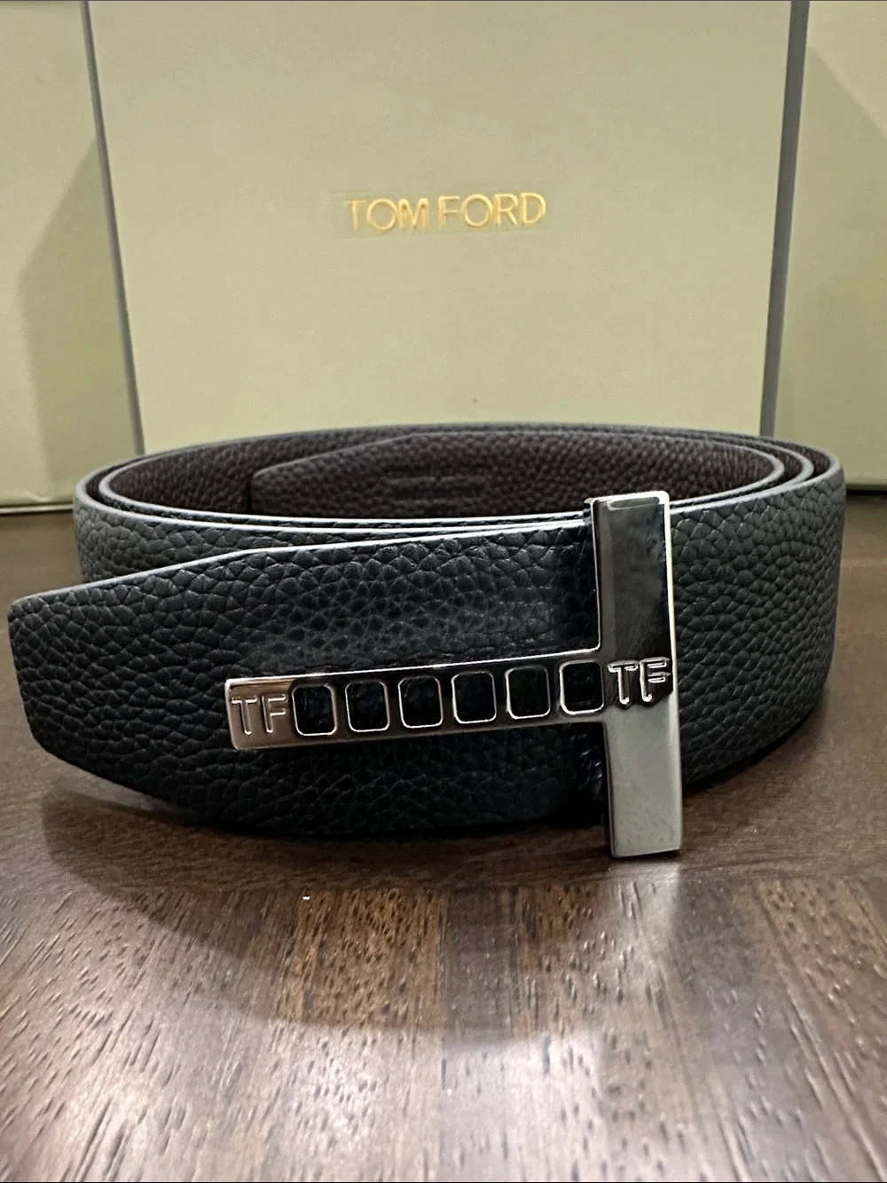 Tom Ford Black Pebbled Leather Belt with Silver TF Bar Buckle